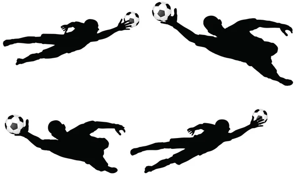 Pose de silhouettes de joueurs de football en position de saut d'air — Image vectorielle