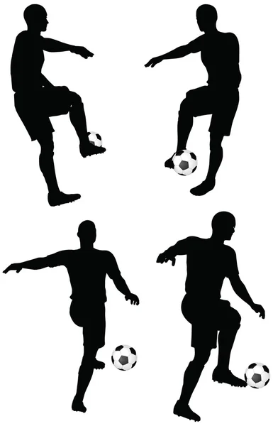 Poses de futbolistas siluetas en posición de drible — Vector de stock