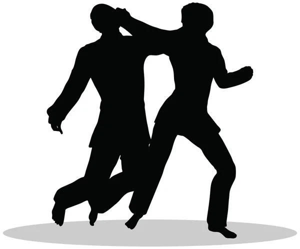 Siluetas de arte marcial de karate de hombre y mujer en poses de karate — Vector de stock