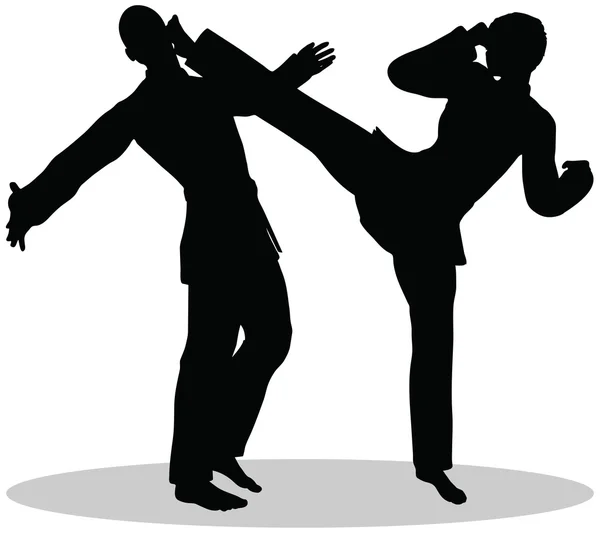 Siluetas de arte marcial de karate de hombre y mujer en poses de karate — Vector de stock