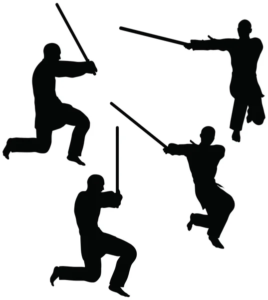 Karate artes marciales siluetas de hombres y mujeres en la lucha contra la espada karate poses — Archivo Imágenes Vectoriales