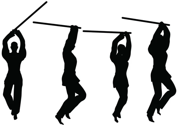 Karate artes marciales siluetas de hombres y mujeres en la lucha contra la espada karate poses — Vector de stock