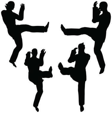 karate pozlar karate dövüş sanatı siluetleri erkeklerin topuk tekme