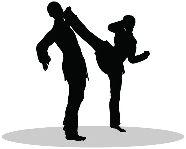 Karate sztuki walki sylwetki mężczyzny i kobiety w karate pozach — Wektor stockowy