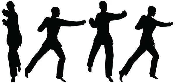 男性のと女性の拳空手武術シルエット戦う空手ポーズ — ストックベクタ