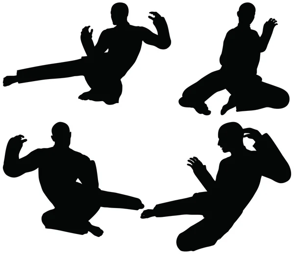 Karate martial art silhouettes of men in flying kick karate poses — Stock Vector