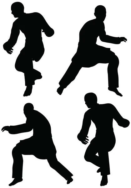 Karate martial art silhouettes of men in prowl poses — Stock Vector