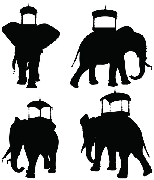 Set of editable vector silhouettes of African elephants in walk poses — Stock Vector