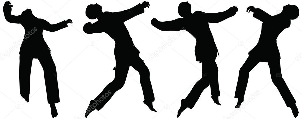 Karate martial art silhouettes of men and women in fist fight karate poses Stock Vector