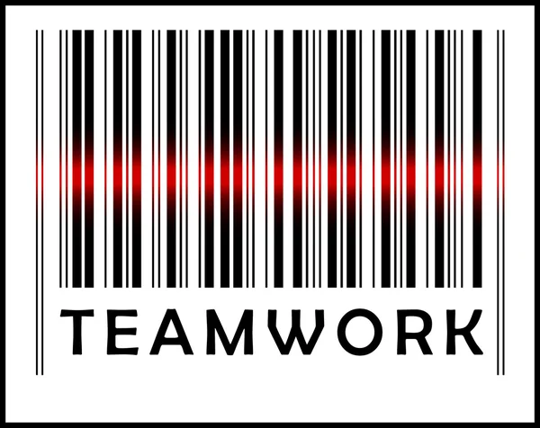 Bar Code icon and red laser sensor beam over teamwork — Stock Vector