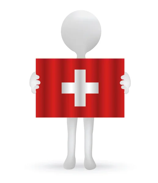 Malé 3d muž drží Švýcarská vlajka — Stockový vektor