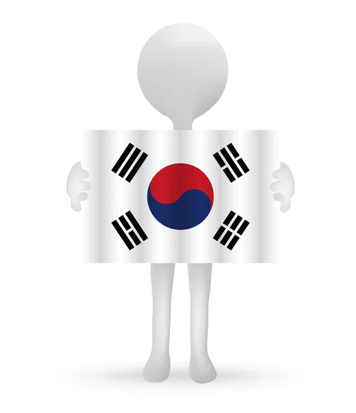 Pequeño 3d hombre sosteniendo una bandera de Corea del Sur — Archivo Imágenes Vectoriales