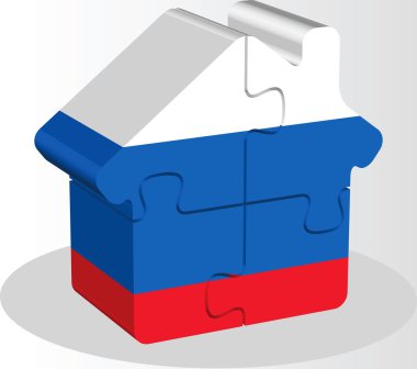 Rus bayrağı ile ev ev simgesi bulmaca izole üzerinde beyaz ba