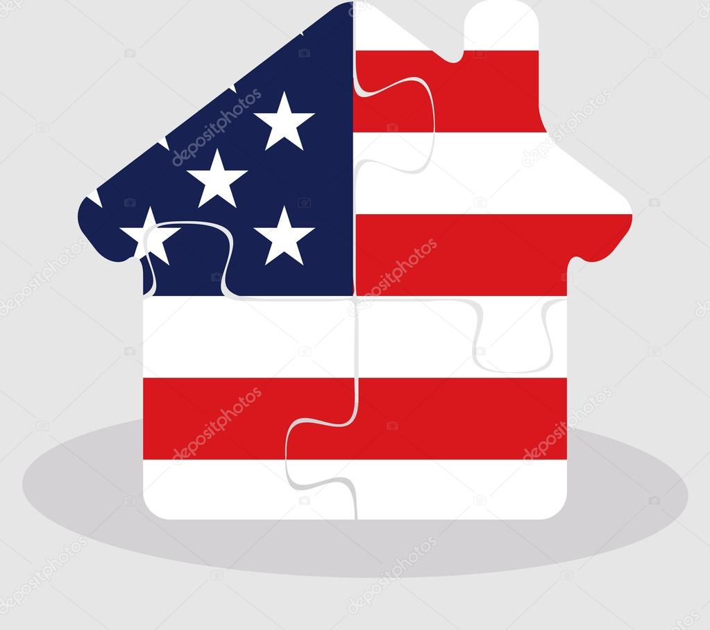 house home icon with USA flag in puzzle isolated on white backgr