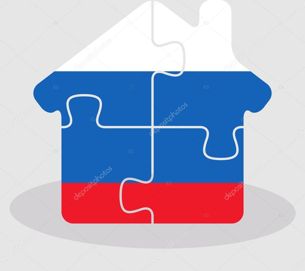 house home icon with Russian flag in puzzle isolated on white ba