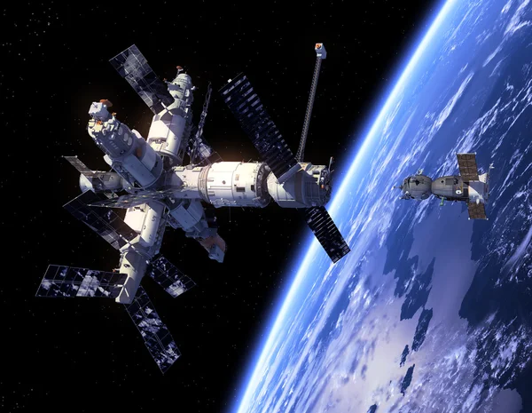 Nave espacial "Soyuz" Y Estación Espacial . Imágenes de stock libres de derechos