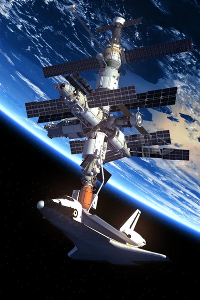 Vesmírný raketoplán a vesmírná stanice obíhající kolem Země. — Stock fotografie