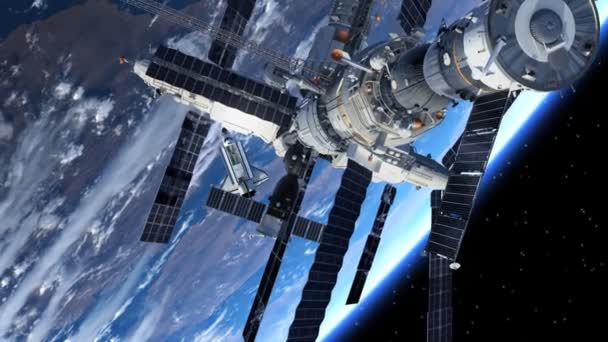 Navette spatiale et station spatiale en orbite autour de la Terre.