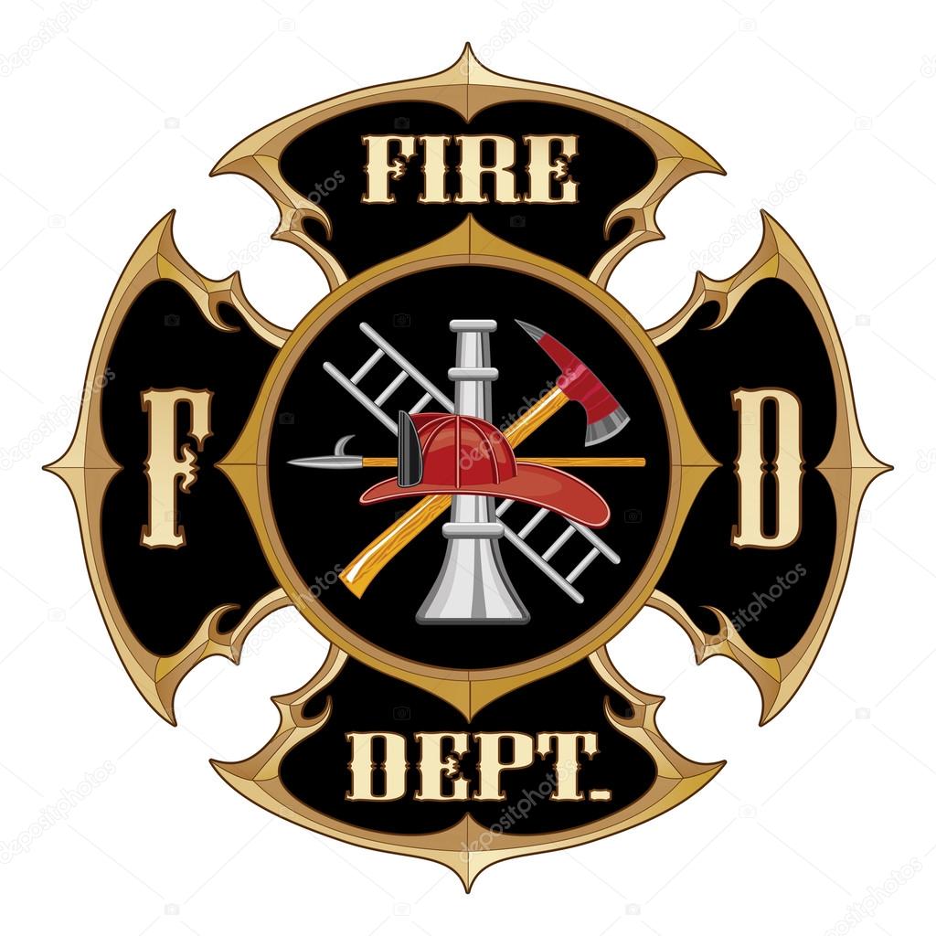 Illustration of a vintage fire department Maltese cross with full color firefighter logo inside.