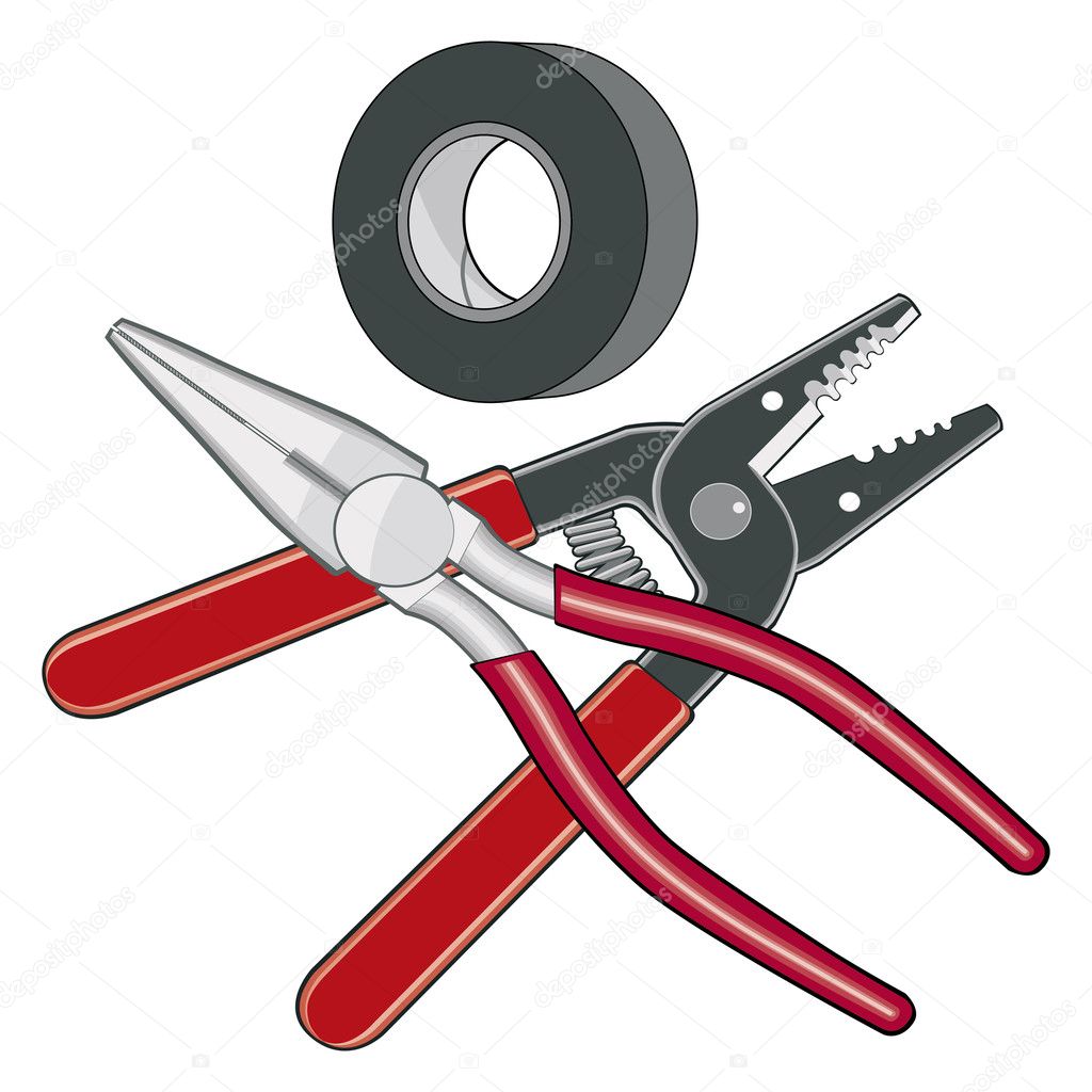 Illustration of an electricians tools including needle nose pliers, wire stripper, and black electrical tape.