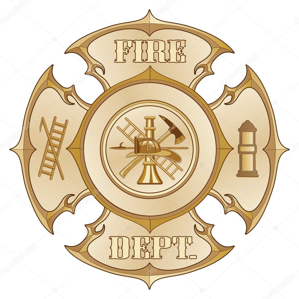 Illustration of a vintage fire department maltese cross in a gold color with firefighter logo inside.