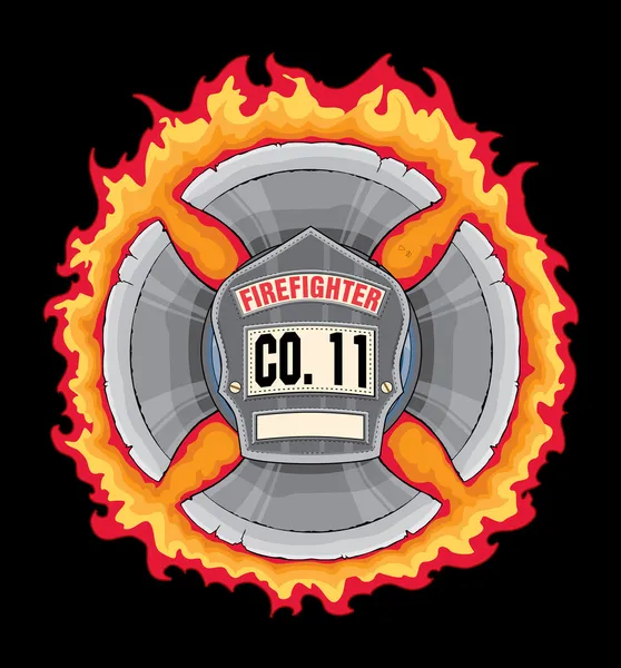Cruz de bombero con escudo es una ilustración de un casco de bombero de cuero negro o escudo sombrero de bombero o insignia en una cruz maltesa en llamas hecha con hojas de hacha . — Vector de stock