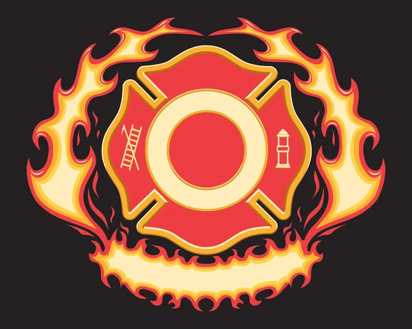 Firefighter Cross Symbol with Flaming Banner is a six spot color vector illustration on black background. Design elements are layered for easy editing and separating. — Stock Vector