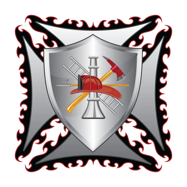 Cruz de bombero con escudo es una ilustración de un departamento de bomberos o bombero. Símbolo de cruz maltesa con escudo y logotipo de bombero . — Vector de stock