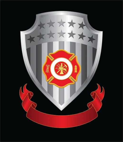 El escudo cruzado del bombero es una ilustración de un departamento de bomberos o bombero. Símbolo cruzado maltés con logotipo del bombero en un escudo de plata con cinta . — Vector de stock