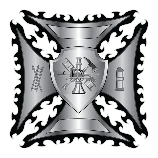 Cruz de bombero con escudo es una ilustración de un departamento de bomberos o bombero. Símbolo de cruz maltesa con escudo y logotipo de bombero . — Archivo Imágenes Vectoriales