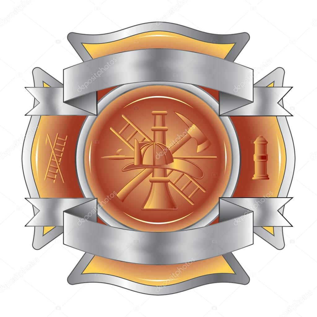 Firefighter Cross with Ribbons is an illustration of a firefighter Maltese cross made of gemstone with silver ribbons at the top and bottom.