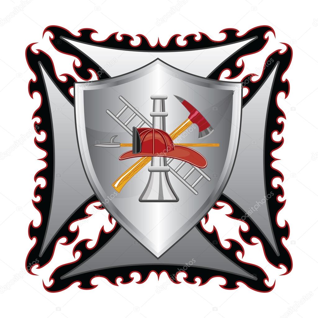 Firefighter Cross With Shield is an illustration of a fire department or firefighter.Maltese cross symbol with shield and firefighter logo.
