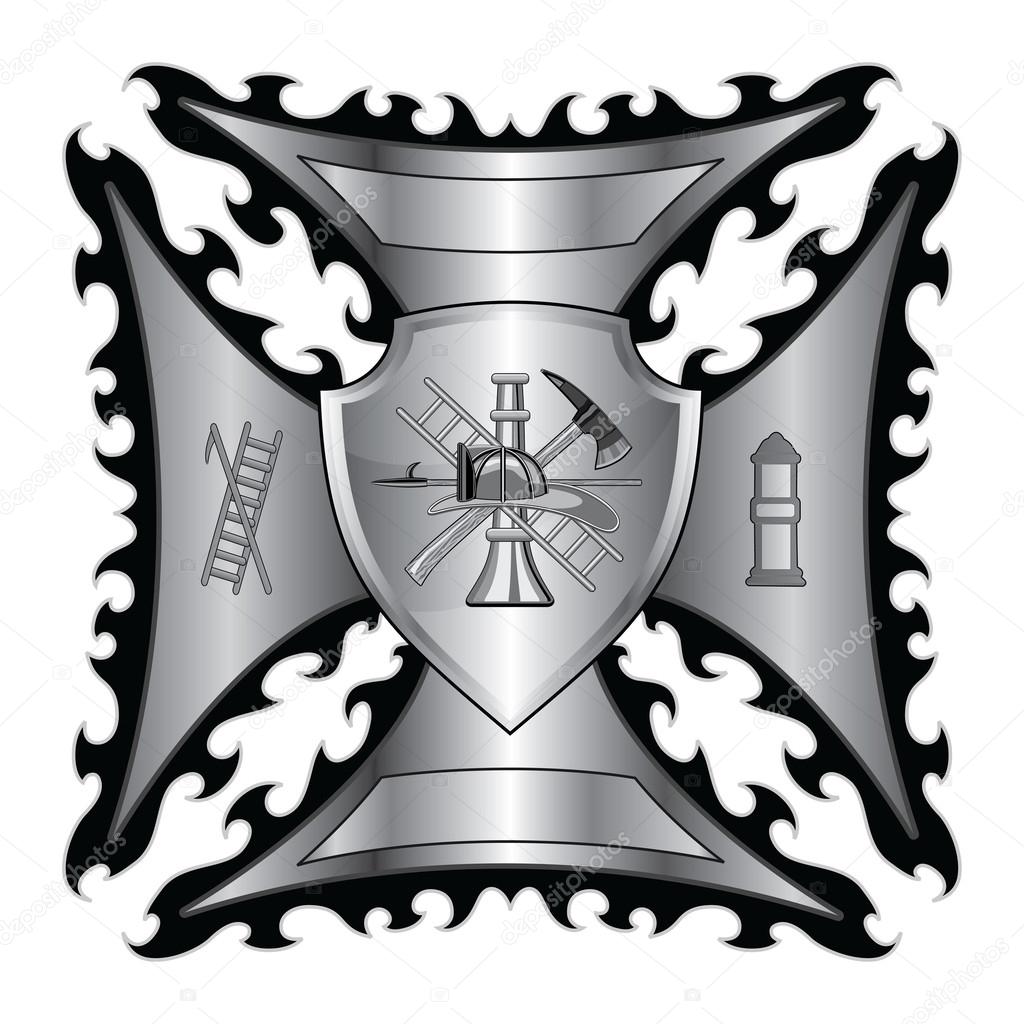 Firefighter Cross With Shield is an illustration of a fire department or firefighter. Maltese cross symbol with shield and firefighter logo.