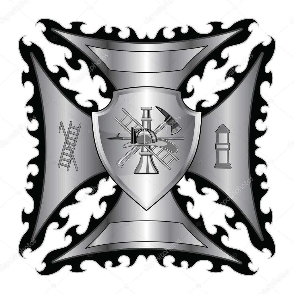 Firefighter Cross With Shield is an illustration of a fire department or firefighter.Maltese cross symbol with shield and firefighter logo.