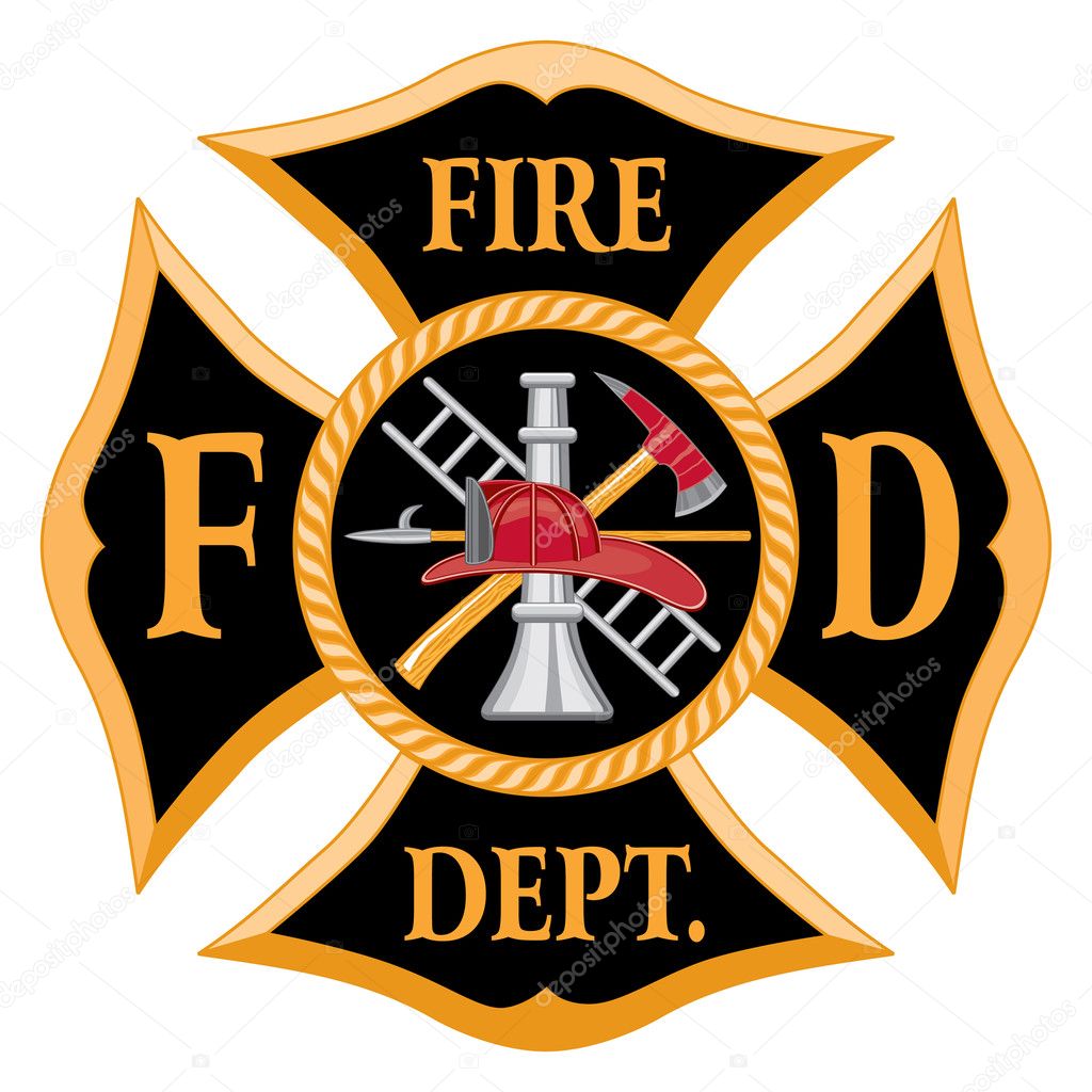 Fire Department Maltese Cross Vintage is an illustration of a vintage fire department Maltese cross with full color firefighter logo inside.