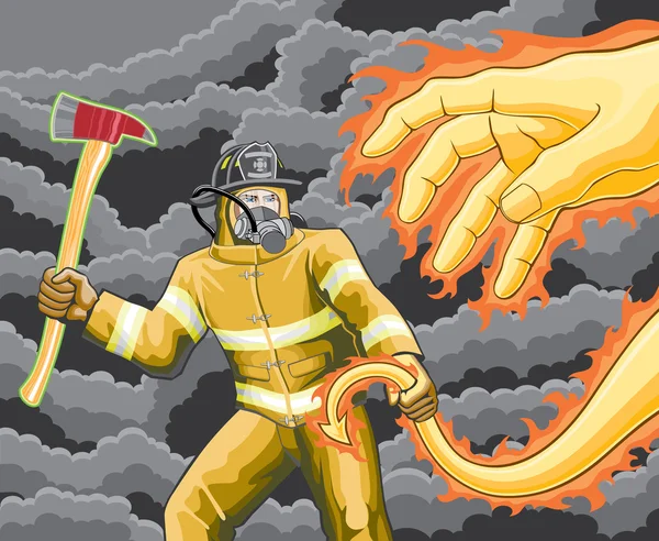 Firefighter Fights Fire Demon — Stock Vector