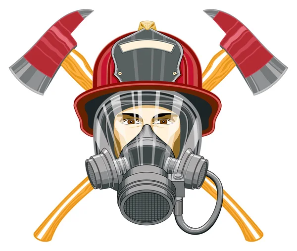 Пожарный в маске и топорах — стоковый вектор