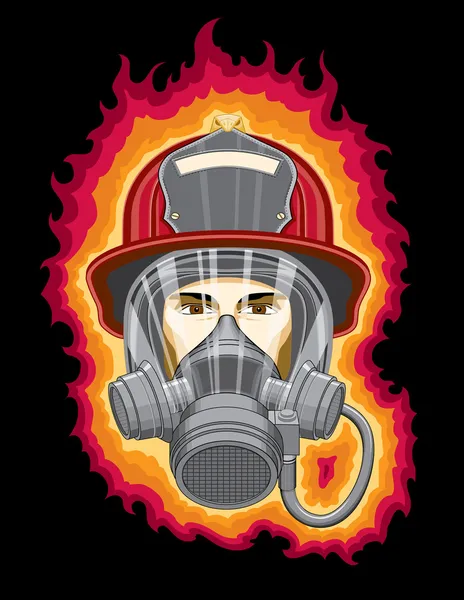 Bombero en llamas con máscara — Vector de stock