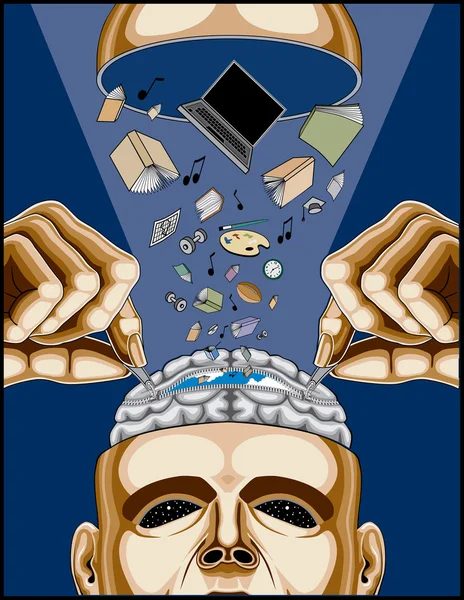 Mann füttert sein Gehirn mit Reißverschlüssen — Stockvektor