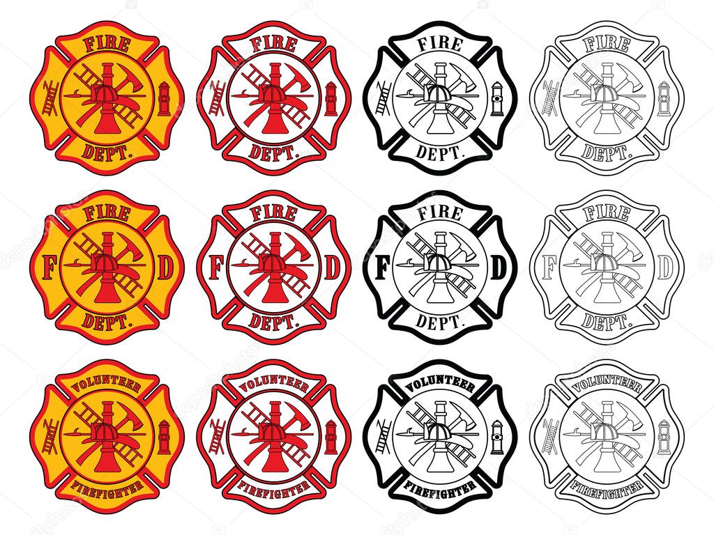 Illustration of three slightly different firefighter or fire department Maltese Cross symbols. Each is presented in four styles of color.
