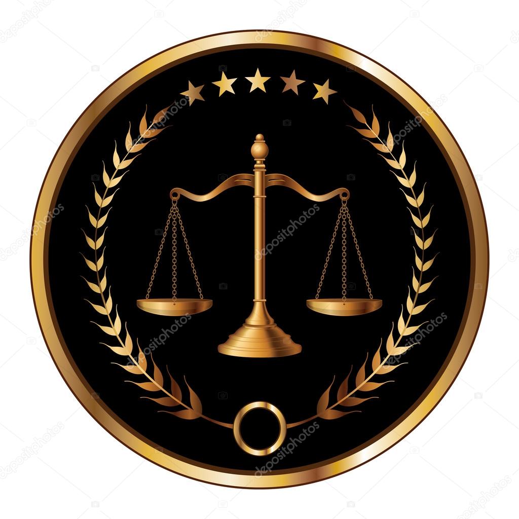 Illustration of a design for law, lawyers, or law firms that could be used as a logo or seal in striking reflective gold and black. Includes scale of justice, laurel and gold stars.