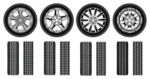 Wheel - Tires Alloy Rims and Tire Tracks — Stock Vector