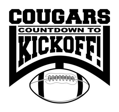 Cougars Football Countdown to Kickoff, metin, grafik kale direği ve bir futbol topu içeren bir takım tasarım şablonu. Pumalar için harika tişörtler, kupalar, reklamlar ve okullar için promosyonlar.