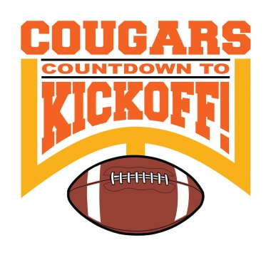 Football Countdown to Kickoff - Cougars, metin, grafik kale direği ve futbolu kapsayan bir takım tasarım şablonu. Pumalar için harika tişörtler, kupalar, reklamlar ve okullar için promosyonlar.