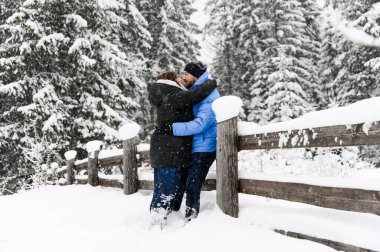 Kışın yürü. Kucaklaşan çift kar yağışı yapıyor. Erkek ve kadın soğuk ormanda eğleniyor. Kışın romantik bir randevu. Genç bir ailenin Noel havası. Aşk ve eğlence konsepti