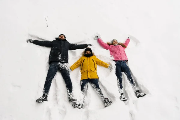 Happy Family Have Fun Winter Forest Looking Camera Mother Father — Zdjęcie stockowe