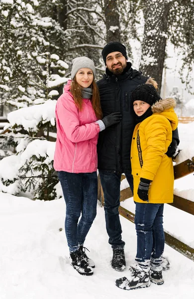 Happy Family Have Fun Winter Forest Looking Camera Mother Father — Stock Photo, Image