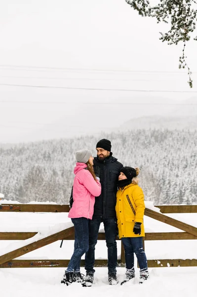 Happy Family Have Fun Winter Forest Looking Camera Mother Father — Foto Stock