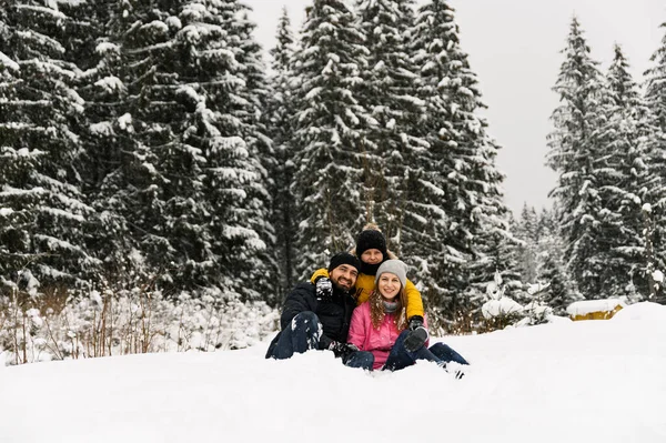 Happy Family Have Fun Winter Forest Looking Camera Mother Father — Zdjęcie stockowe