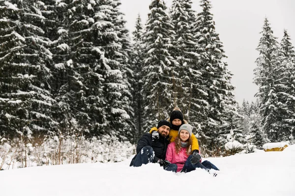 Mutlu aile kış ormanlarında eğlenir ve kameraya bakar. Anne, baba ve oğul karla oynuyor. Aile Noel konsepti. Birlikte vakit geçirmekten zevk alıyorum.